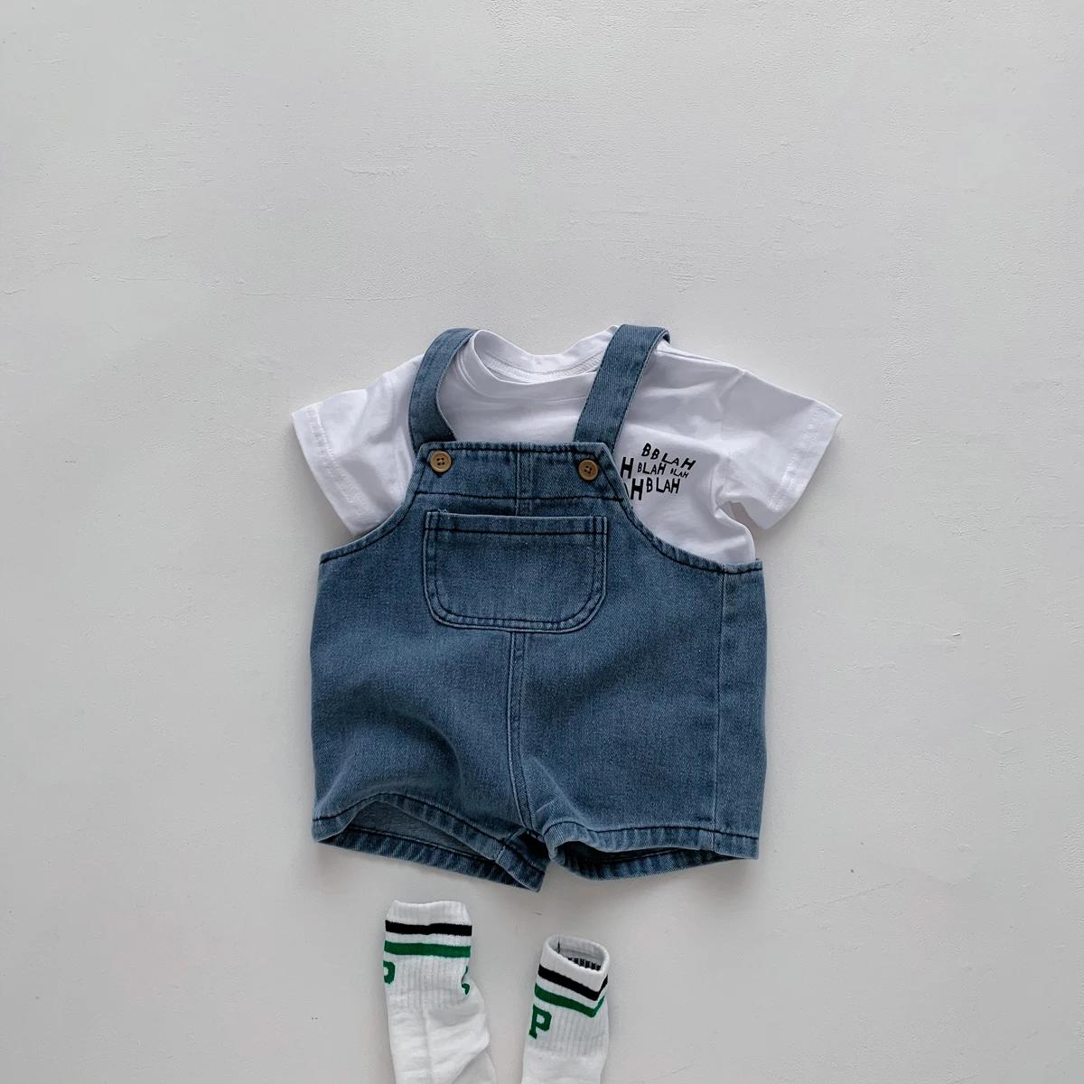 T-shirt en denim pour bébé fille et garçon, combinaison pour nouveau-né, ensemble 2 pièces