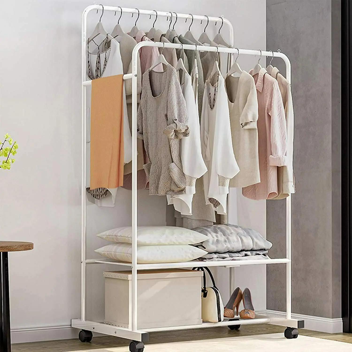 Étagère de rangement pour chaussures T1, grand support roulant à double rail, blanc, 1.5m