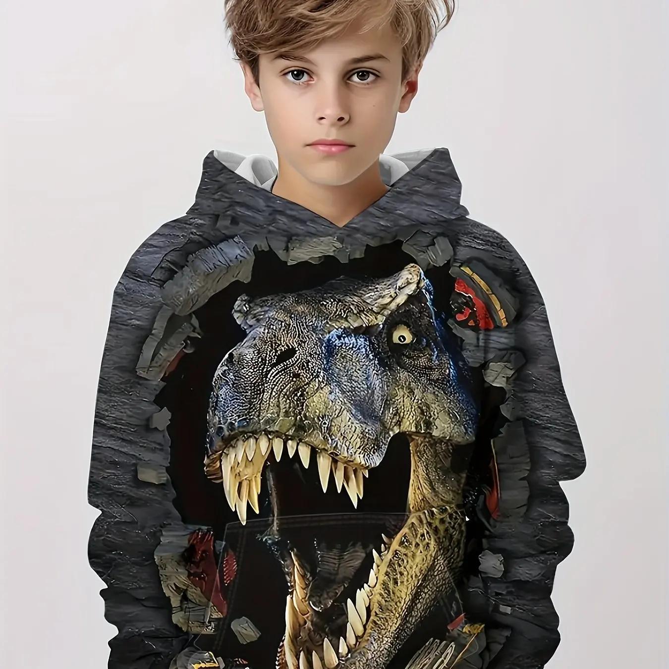 Sweat capuche manches longues enfant imprimé dinosaures dessin animé extérieur garçon printemps automne