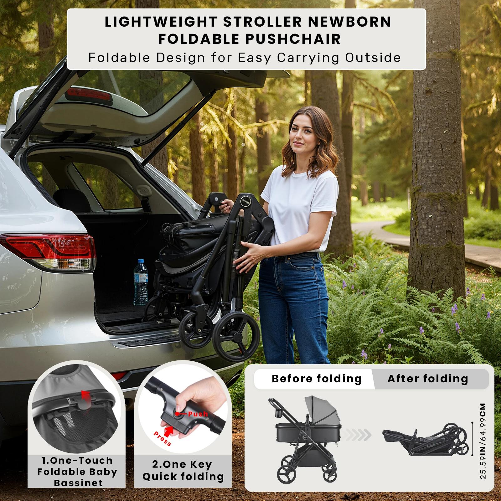 Poussette pour bébé 2 en 1, landau pliable avec siège réversible, auvent réglable, panier de rangeme