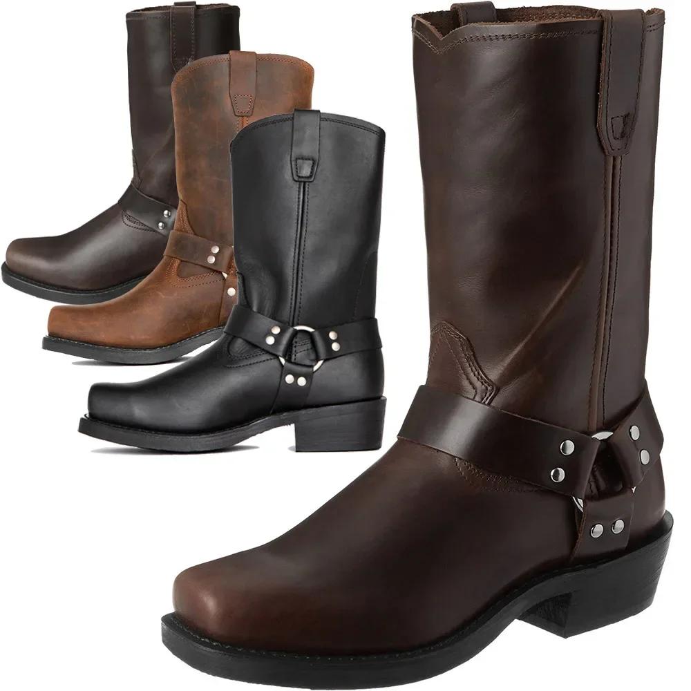 Bottes de cowboy rétro pour hommes, bottes western mi-mollet en cuir PU, chaussures à enfiler pour h