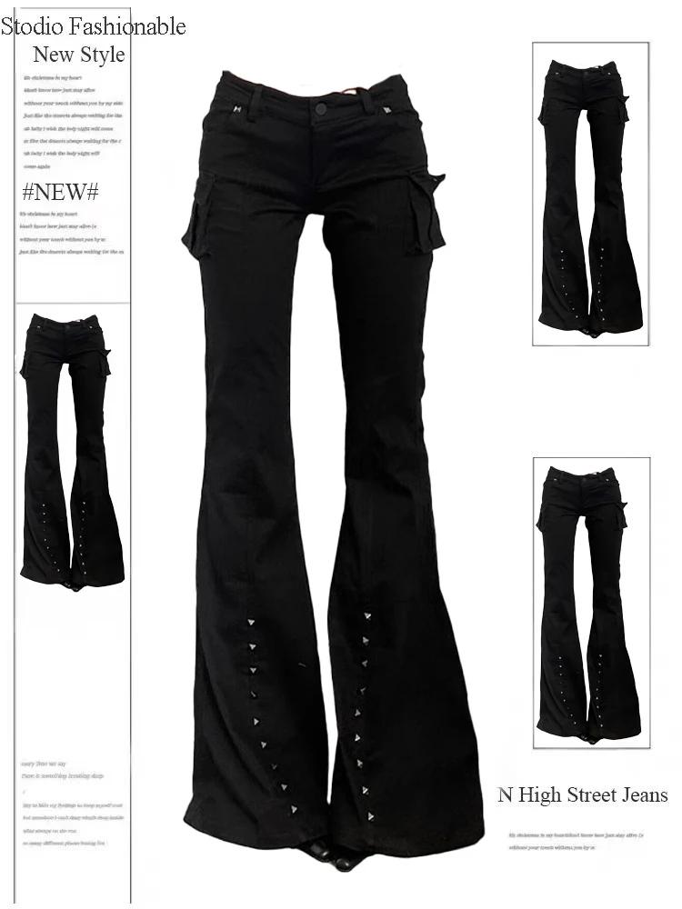 Pantalon Long évasé pour femmes, académique foncé, Goblin Core, Gyaru Goth, taille basse, Streetwear