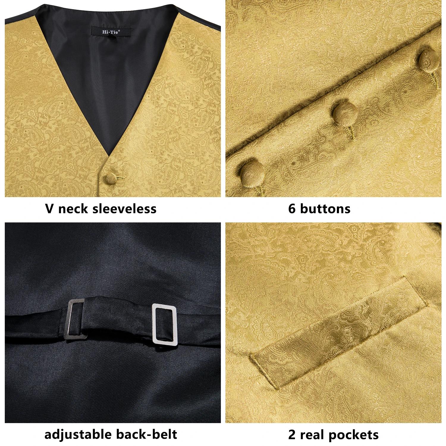 Gilet de Costume Homme Luxe Doré Rouge Bleu Vert Jaune avec Cravate Nœud Papillon Pochette Boutons d