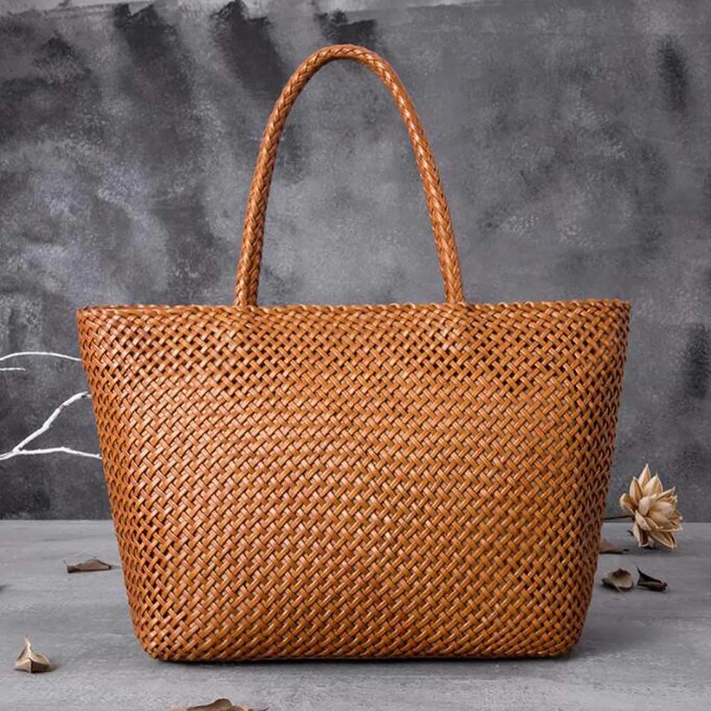 Sac à main en cuir pour femme, grand sac fourre-tout romantique tissé à la main, sac seau en cuir de