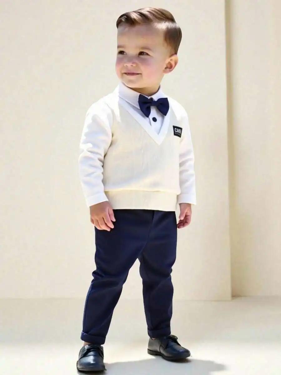 Tenue formelle 2 pièces pour bébé garçon : pull en tricot à col en V avec nœud papillon + pantalon à
