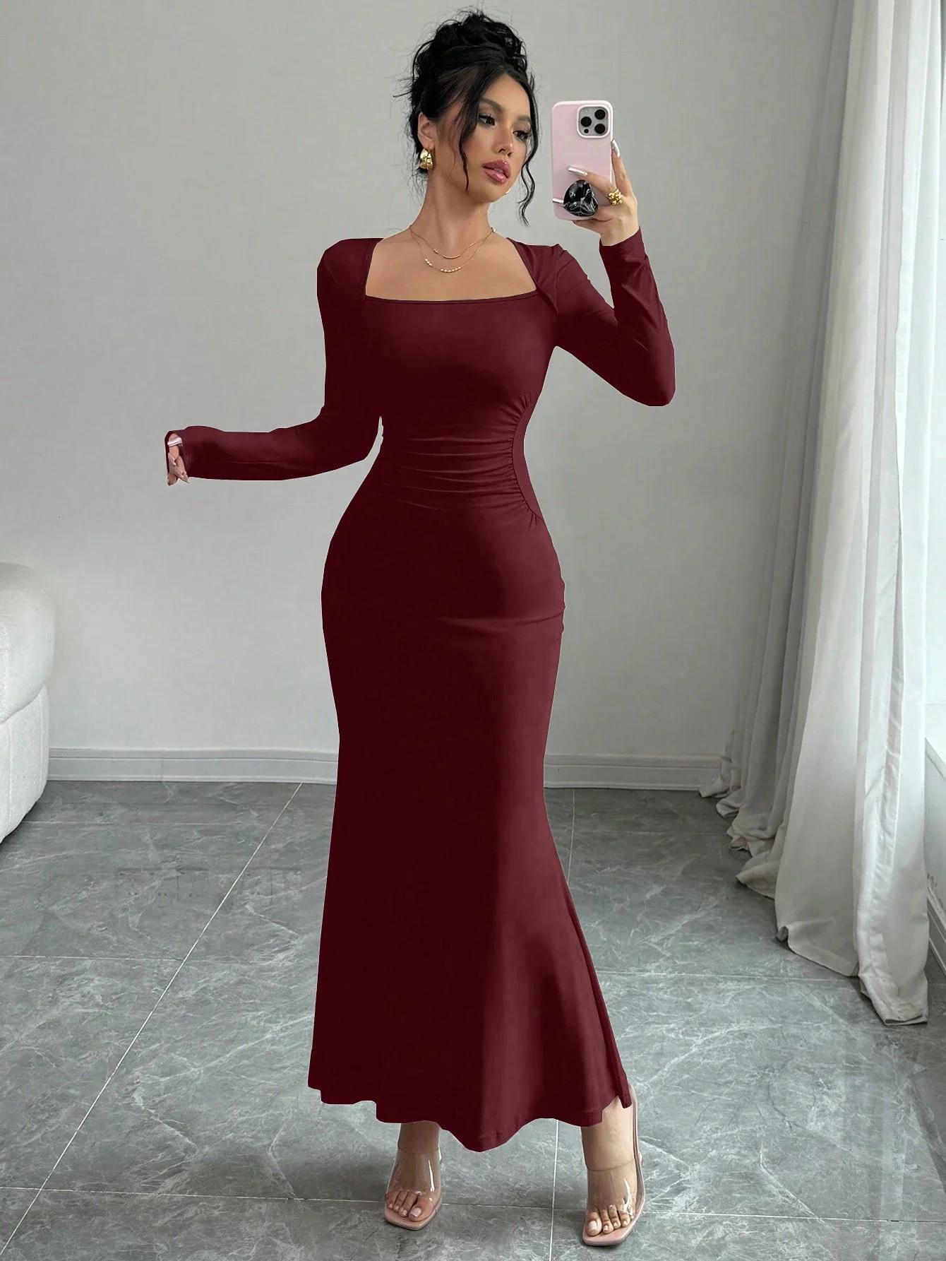 Robe quatre saisons pour femmes, nouveau Style, tempérament élégant, rétro, couleur unie, col carré,