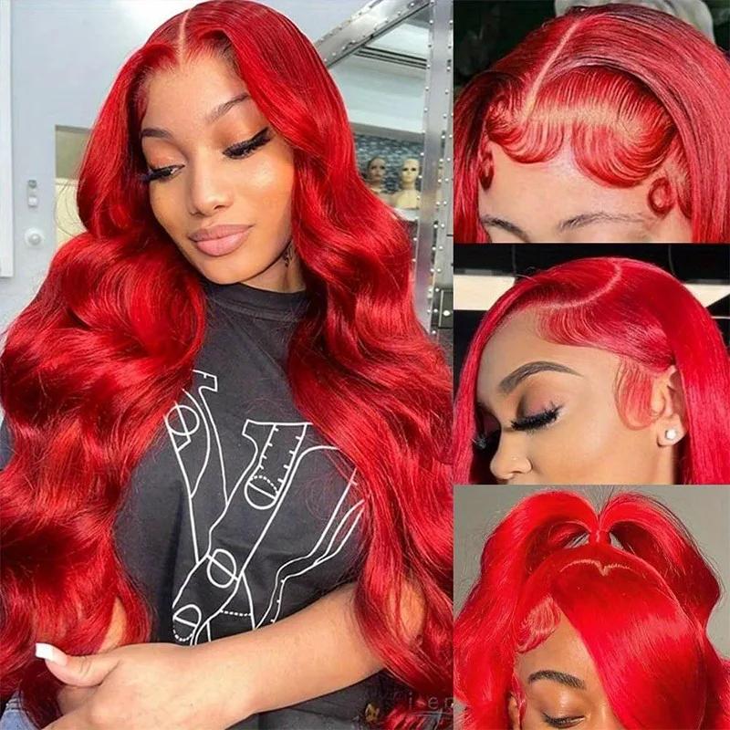 Perruque Lace Front Wig Body Wave transparente HD 13x4, perruque Lace Front Wig rouge, bordeaux, den