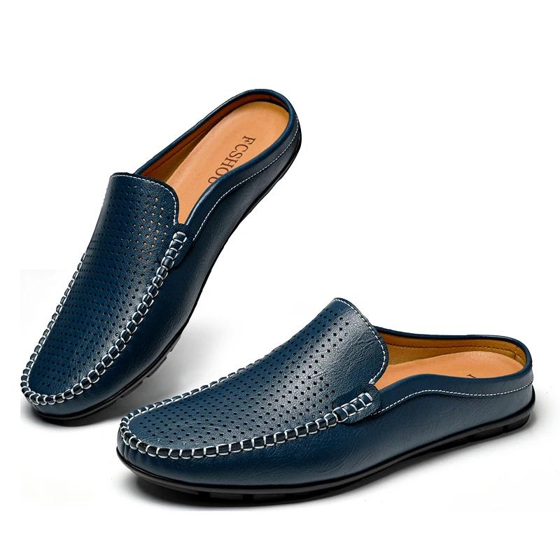 Demi-chaussures d'été pour hommes, Mules en cuir perforé, pantoufles décontractées à enfiler, mocass