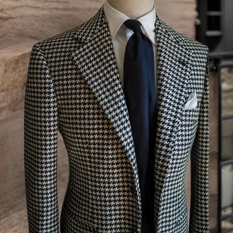 Blazer d'affaires pied-de-poule pour hommes, veste de costume à revers cranté à carreaux, manteau fo