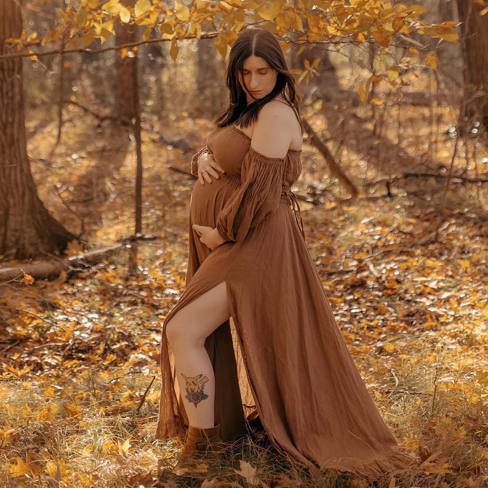 Robe de grossesse bohème pour séance Photo, en lin doux, en coton, épaules dénudées, bord plissé, ro