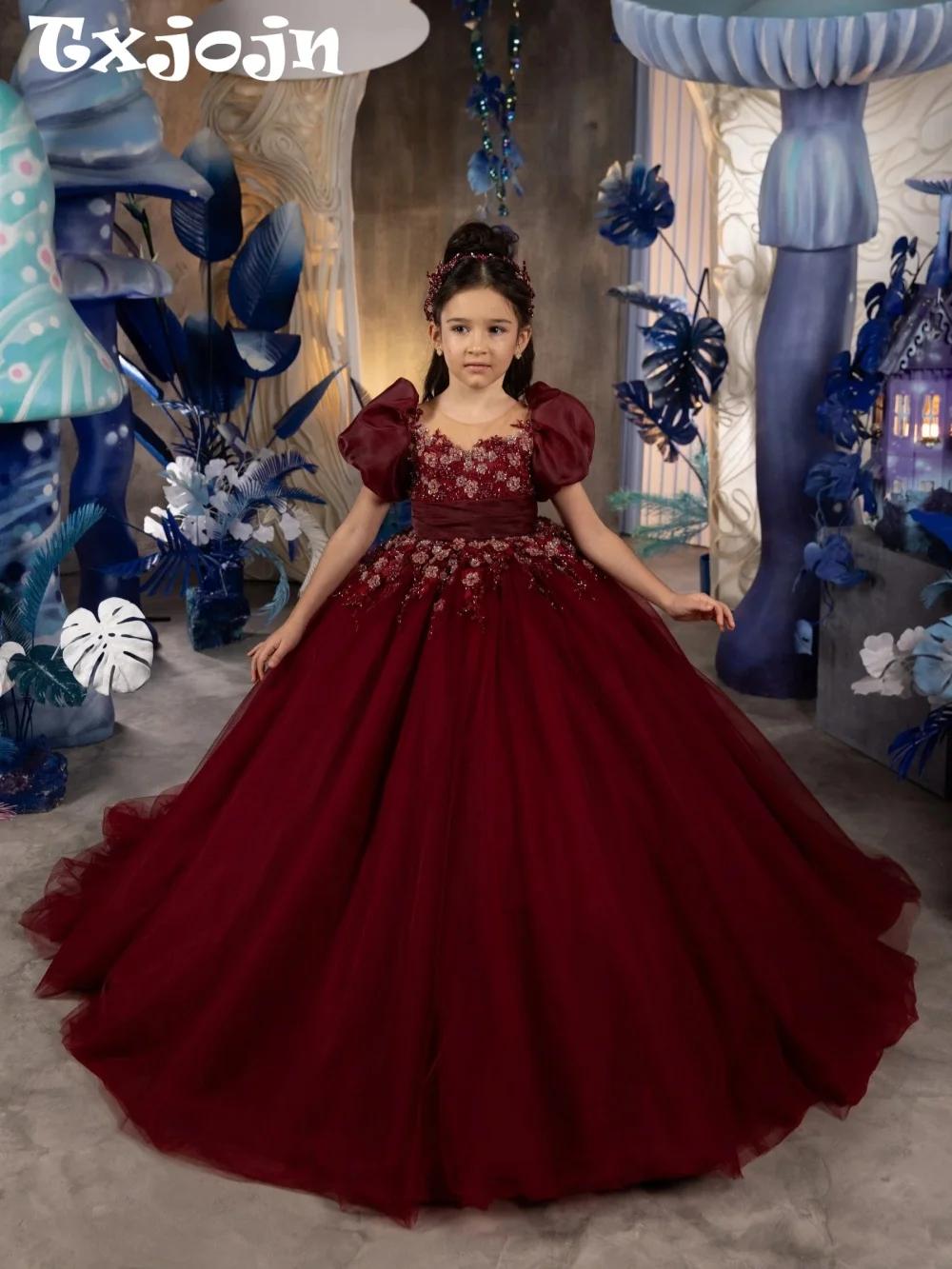 Robe de princesse en dentelle bordeaux avec appliques, tenue de spectacle pour enfants, manches bouf