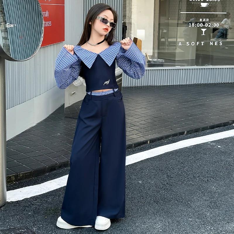 Ensemble de vêtements pour adolescentes au design français, haut à grille d'épissure à épaules dénud