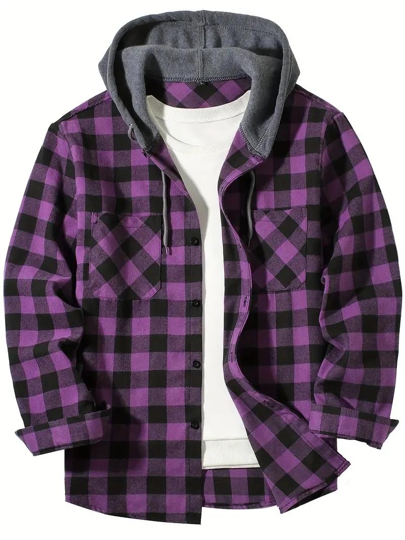 Chemise à carreaux à capuche coupe couvertes pour hommes, chemise à manches longues, chemise de voya