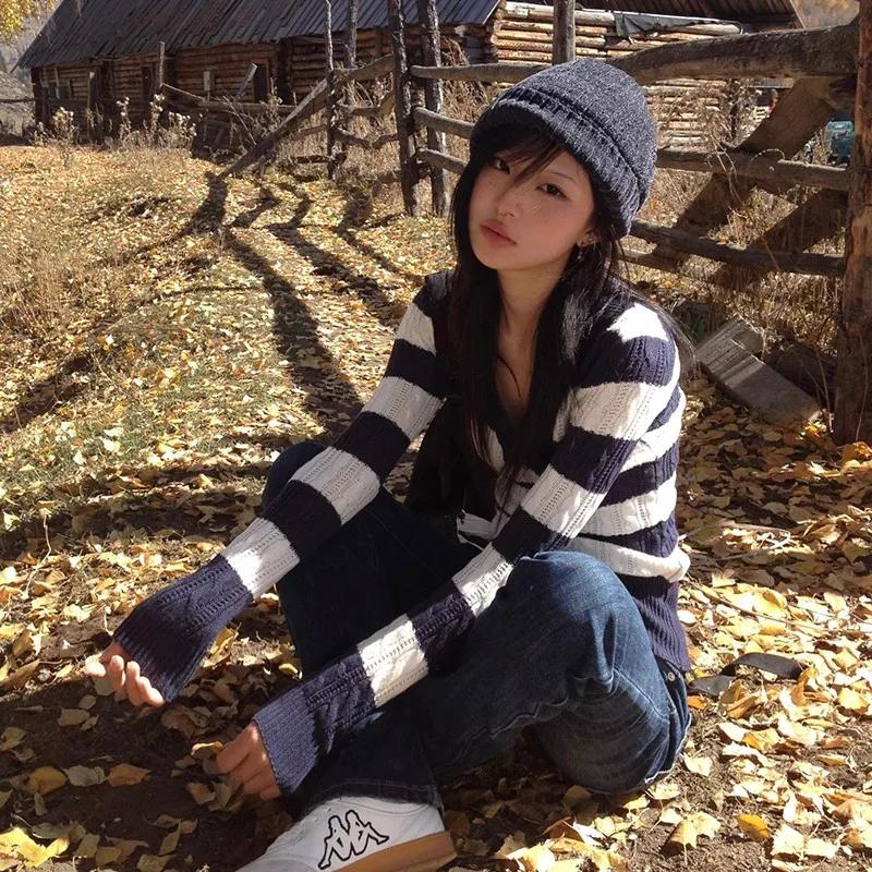 Karrram japonais Y2k col en v rayé pull Vintage Harajuku tricot mince pulls Style coréen hiver trico