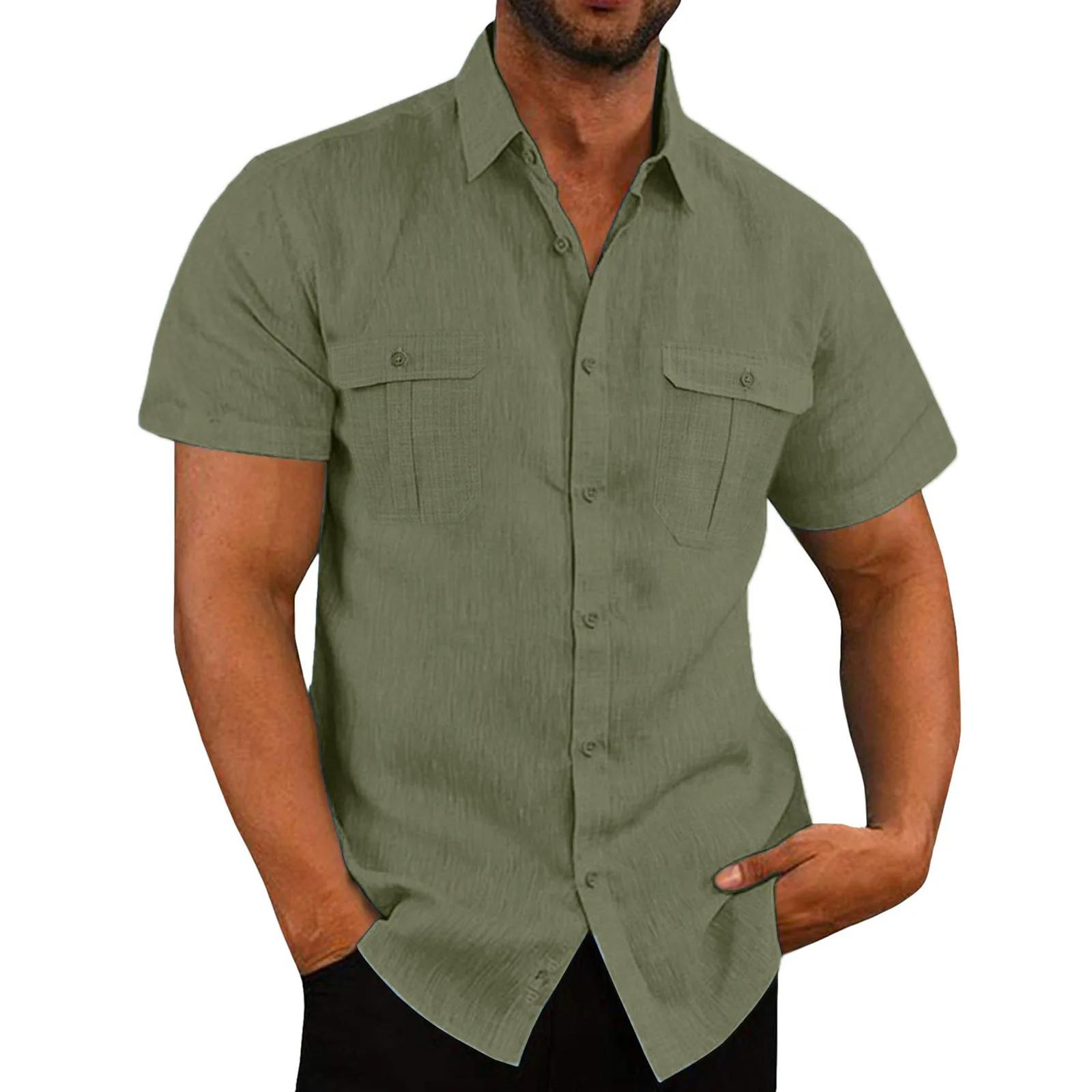 Chemise en coton et lin pour hommes, avec poches, décontractée, plage, manches courtes, couleur unie
