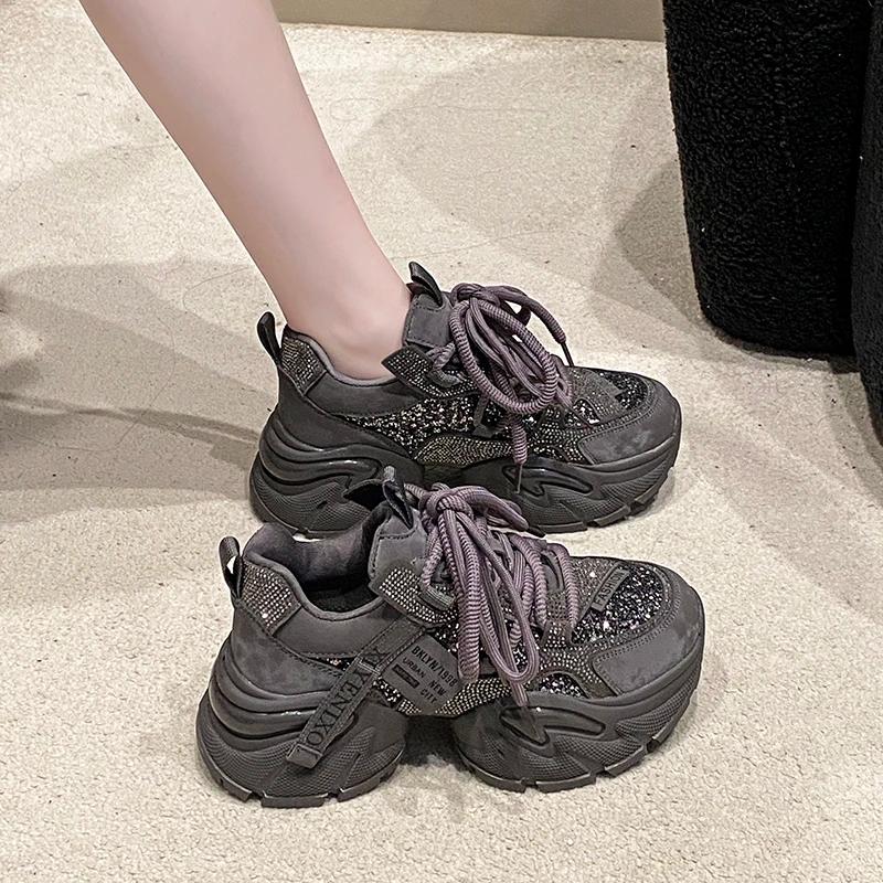 Chaussures décontractées pour femmes en cuir microfibre 6CM, nouvelles baskets épaisses à plateforme