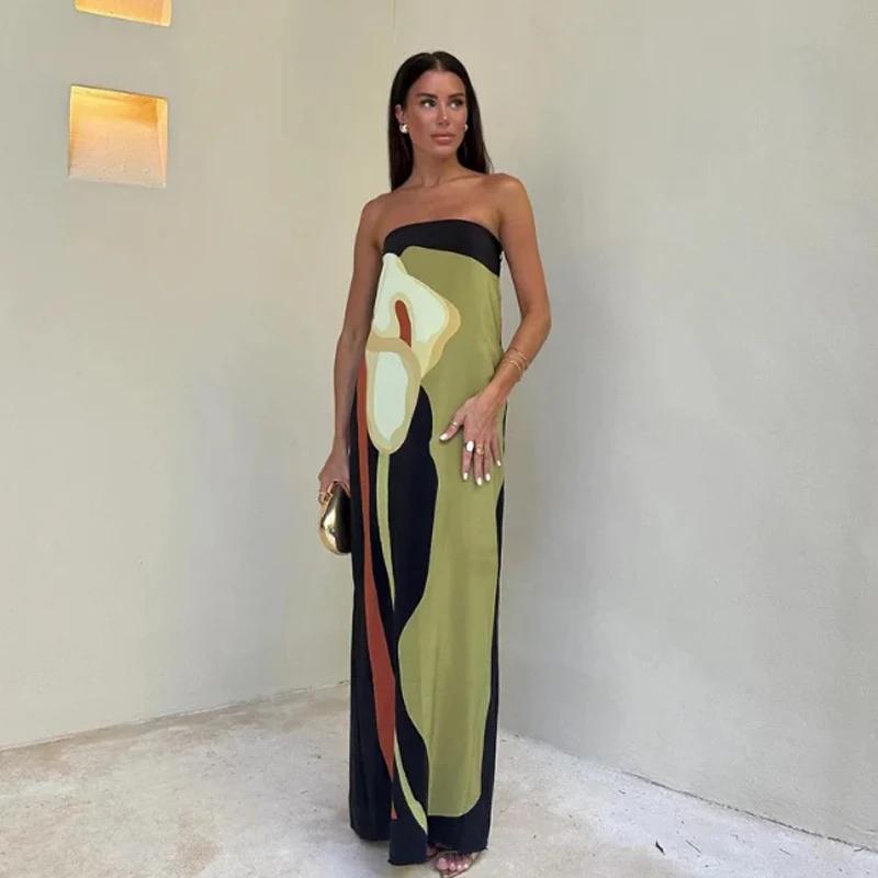 Robe longue imprimée, Sexy, sans bretelles, dos nu, mode femme, sans manches, épaules dénudées, Robe