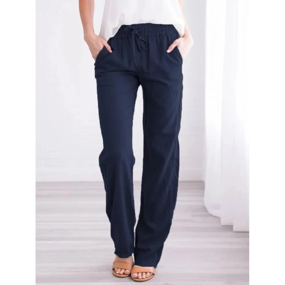 Pantalon en coton et lin pour femmes, avec cordon de serrage, taille élastique, décontracté, couleur