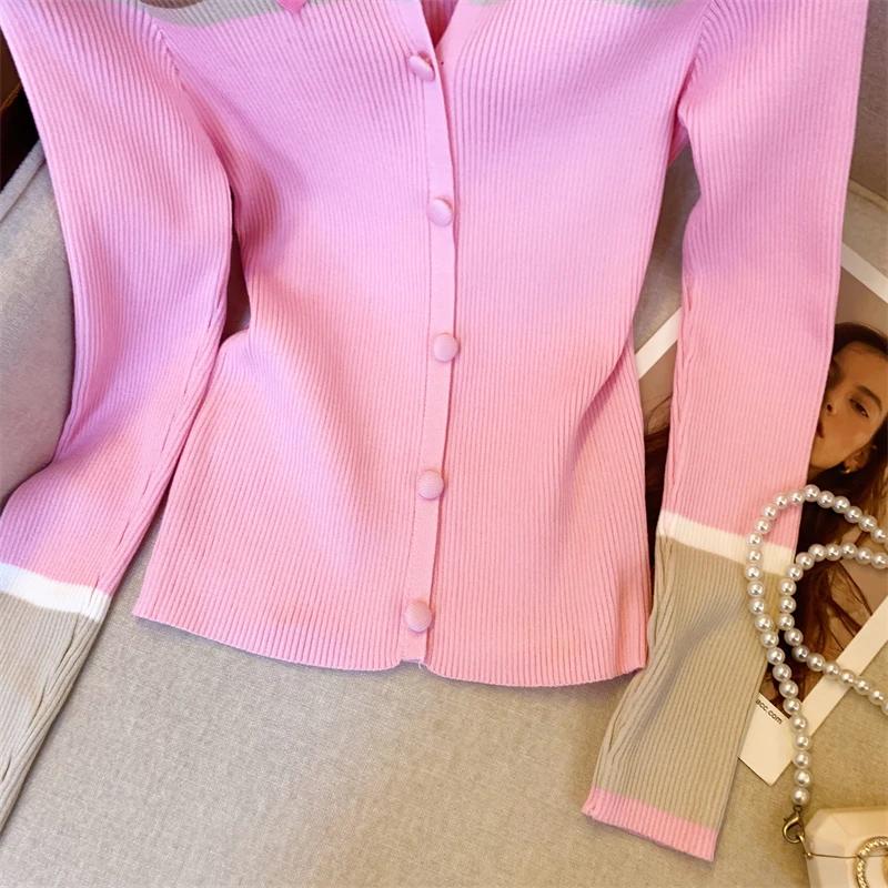 ​ ​ Cardigan ajusté doux en tricot, Style Blazer rose élégant, col contrasté, vêtements de bureau po