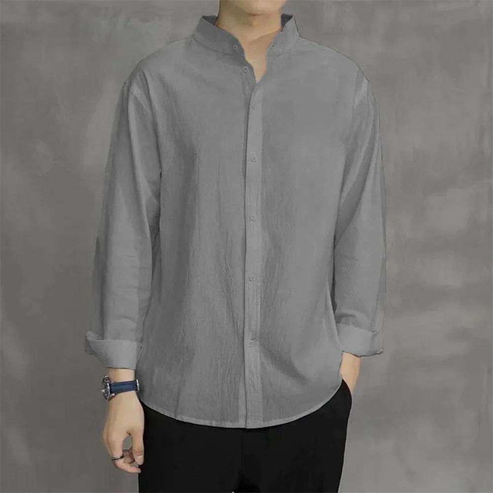 Chemise à manches longues pour hommes, couleur unie, coton et lin, col Henley, simple, respirant, St