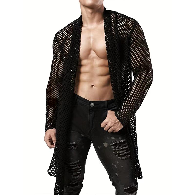 Hommes Sexy évider Long Cardigan grille chemises Streetwear mode Perspective à manches longues coule