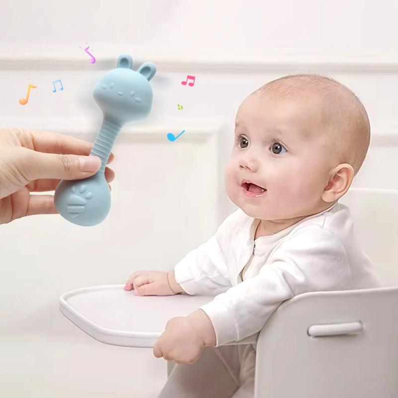 Anneau de dentition hochet en silicone pour bébé lapin de qualité alimentaire – Forme d'haltère pour