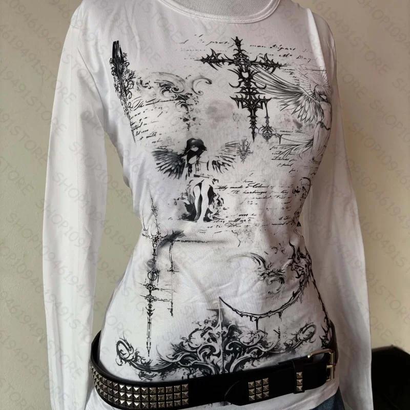 Y2k style esthétique doux et sexy haut à manches longues pour femmes décontracté gothique punk impri
