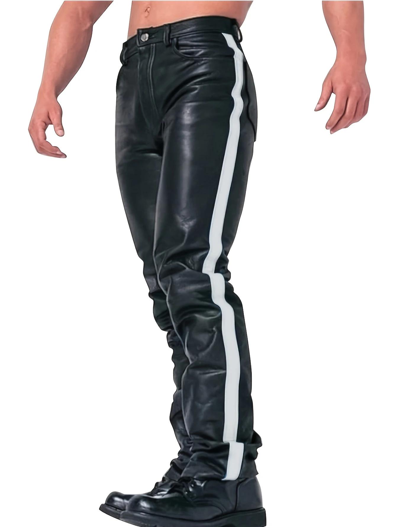Pantalon de moto pour homme - Longueur intégrale - Cuir PU extensible avec patchwork bicolore - Coup