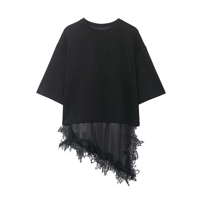 Willshela femmes mode solide dentelle Patchwork chemise asymétrique Vintage col rond demi manches fe