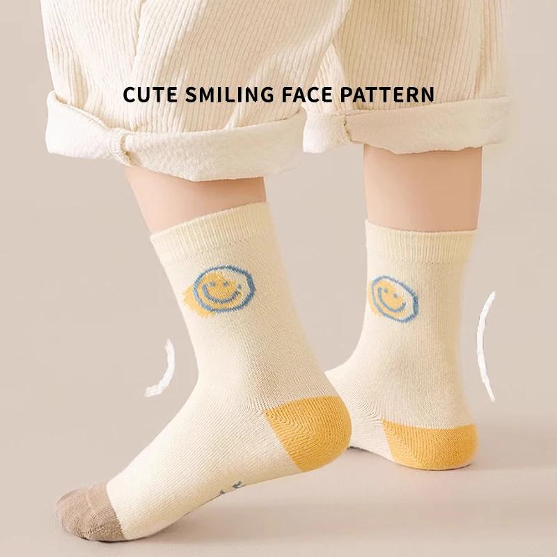5 paires de chaussettes en coton solide pour enfants garçons, demi-chaussettes avec lettres souriant