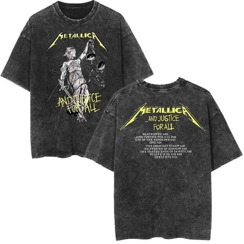 T-shirt unisexe à manches courtes Metallica style rock, motif punk urbain, 100 % coton, délavé, coll