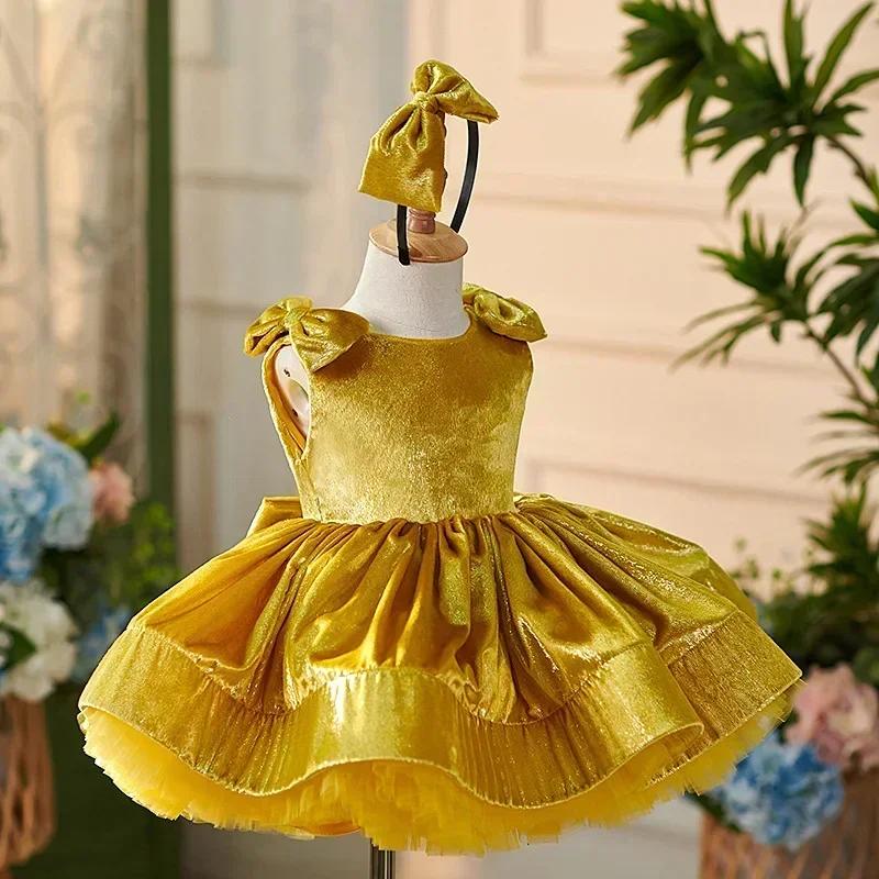 Robe Courte Dorée pour Filles 2026 Nouvelle Collection Luxe Princesse Tenue Enfant Robes Formelles C