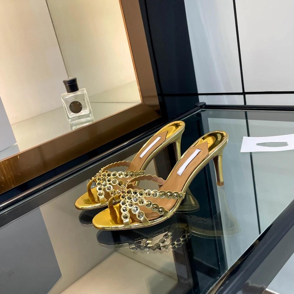 Sandales dorées à talons hauts pour femmes 2026 – Nouveauté mode, mules élégantes en strass et crist