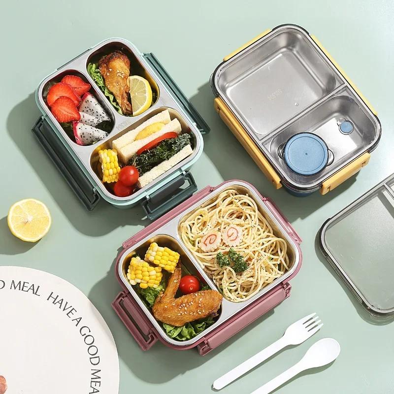 Boîte à déjeuner en acier inoxydable 304 avec vaisselle pour adultes et enfants, récipient à déjeune