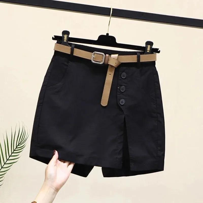 Short Chic pour femmes, ceinture coréenne, boutons solides, fente latérale, ligne a, jupes à la mode