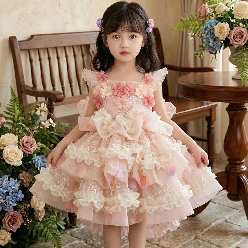 Robe de princesse Lolita originale pour filles, robe rose à fleurs pour anniversaire, mariage, fête,