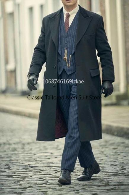Costume d'hiver pour hommes, 4 pièces (manteau + veste + gilet + pantalon), rayé en laine à chevrons