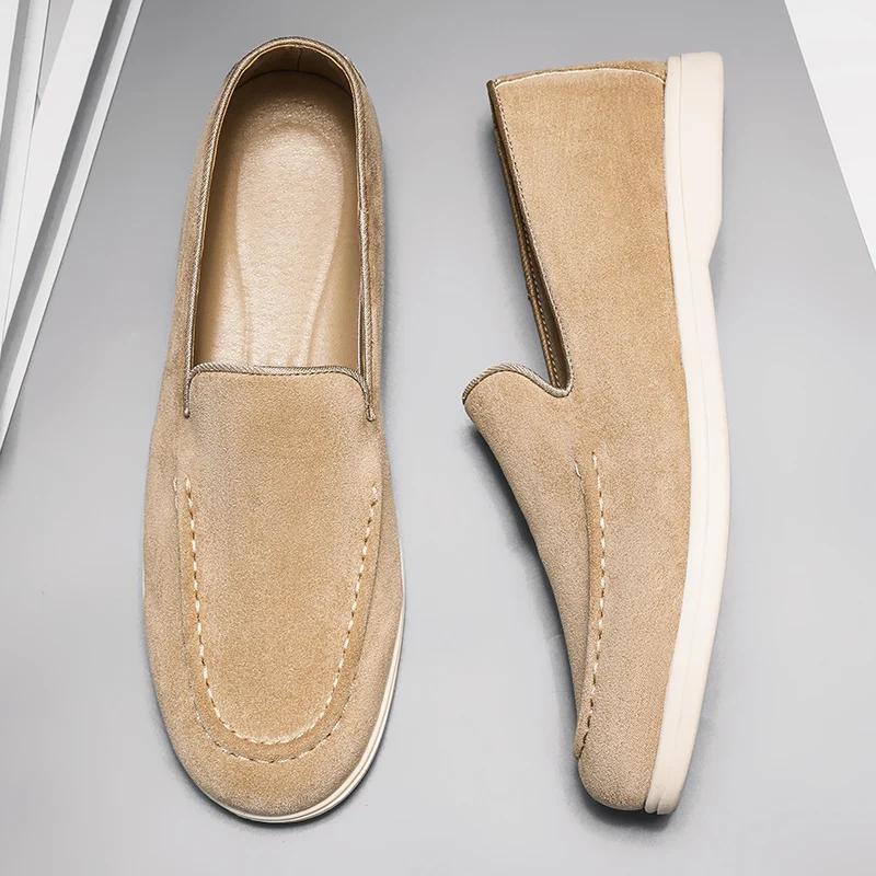 Mocassins à enfiler en cuir suédé pour hommes, chaussures de bateau plates et décontractées de Style