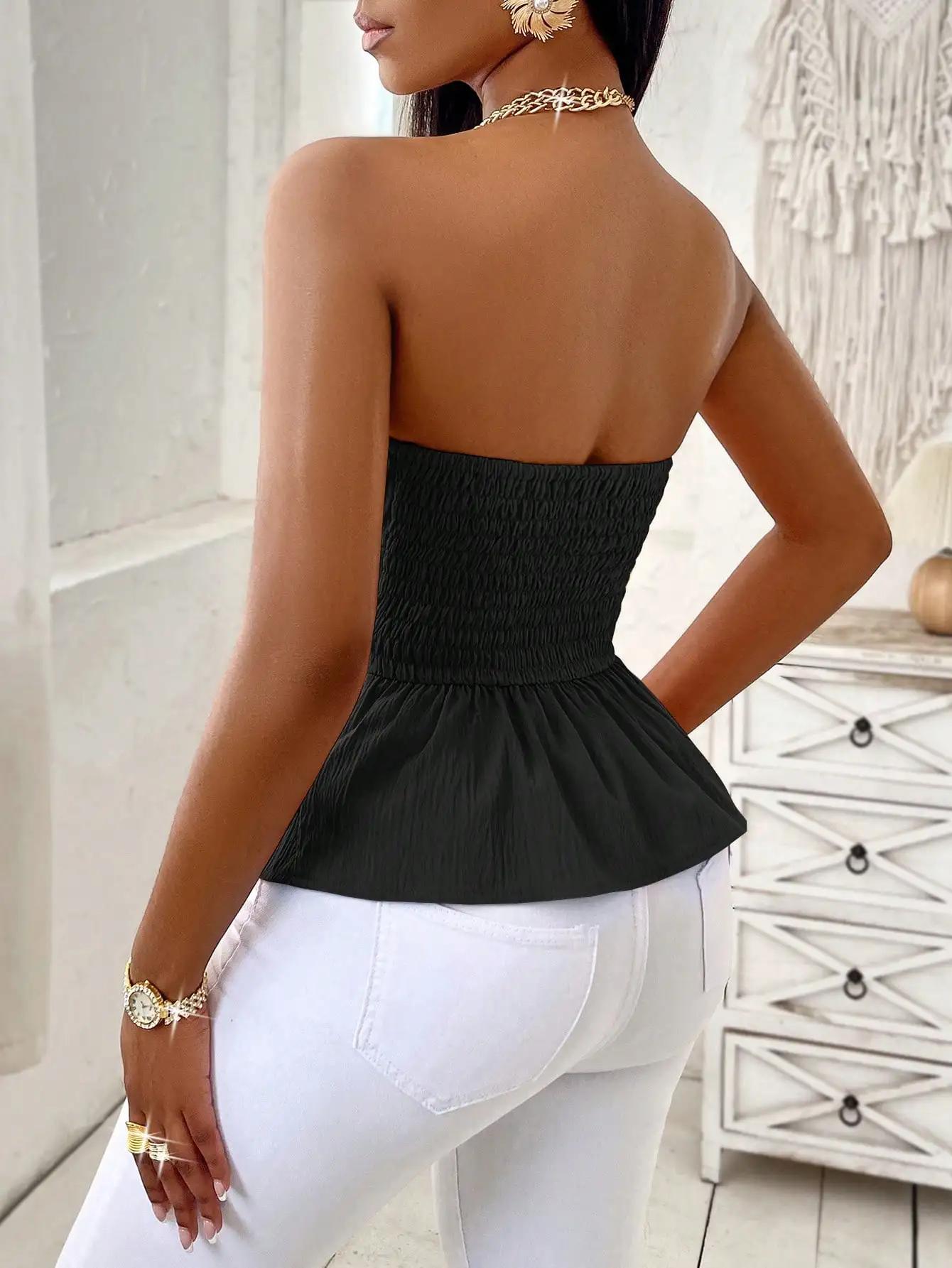 Haut sans bretelles pour femme, noir uni, coupe ajustée, style peplum, devant croisé, taille ceintur