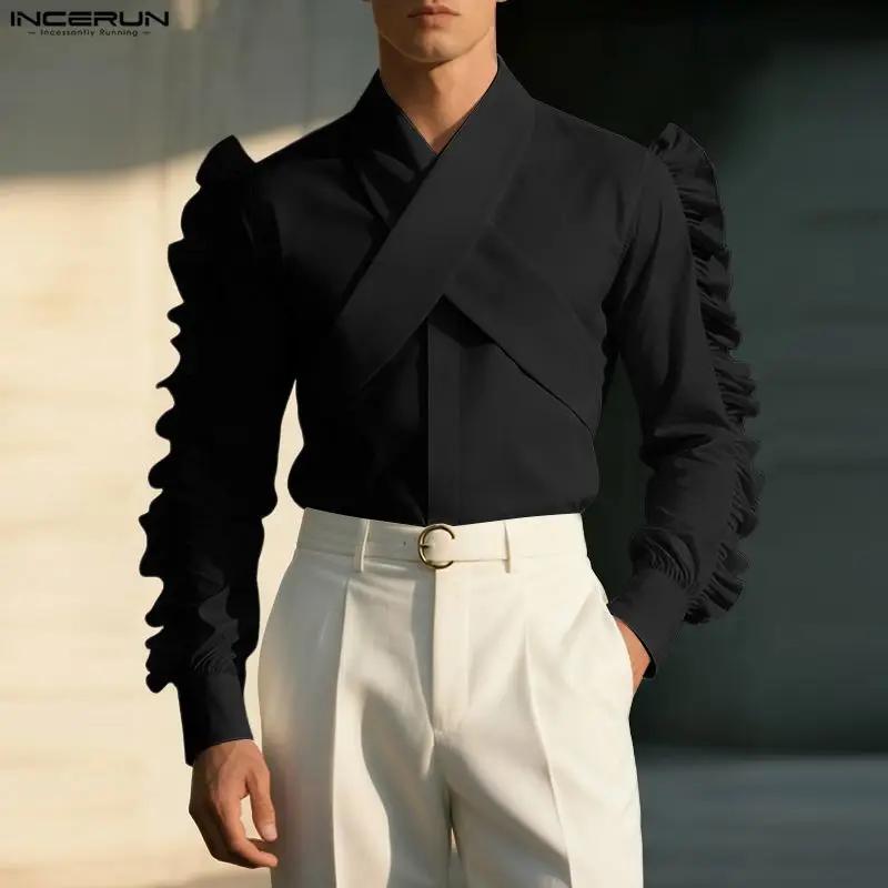INCERUN hommes chemise couleur unie revers à manches longues à volants décontracté hommes vêtements 