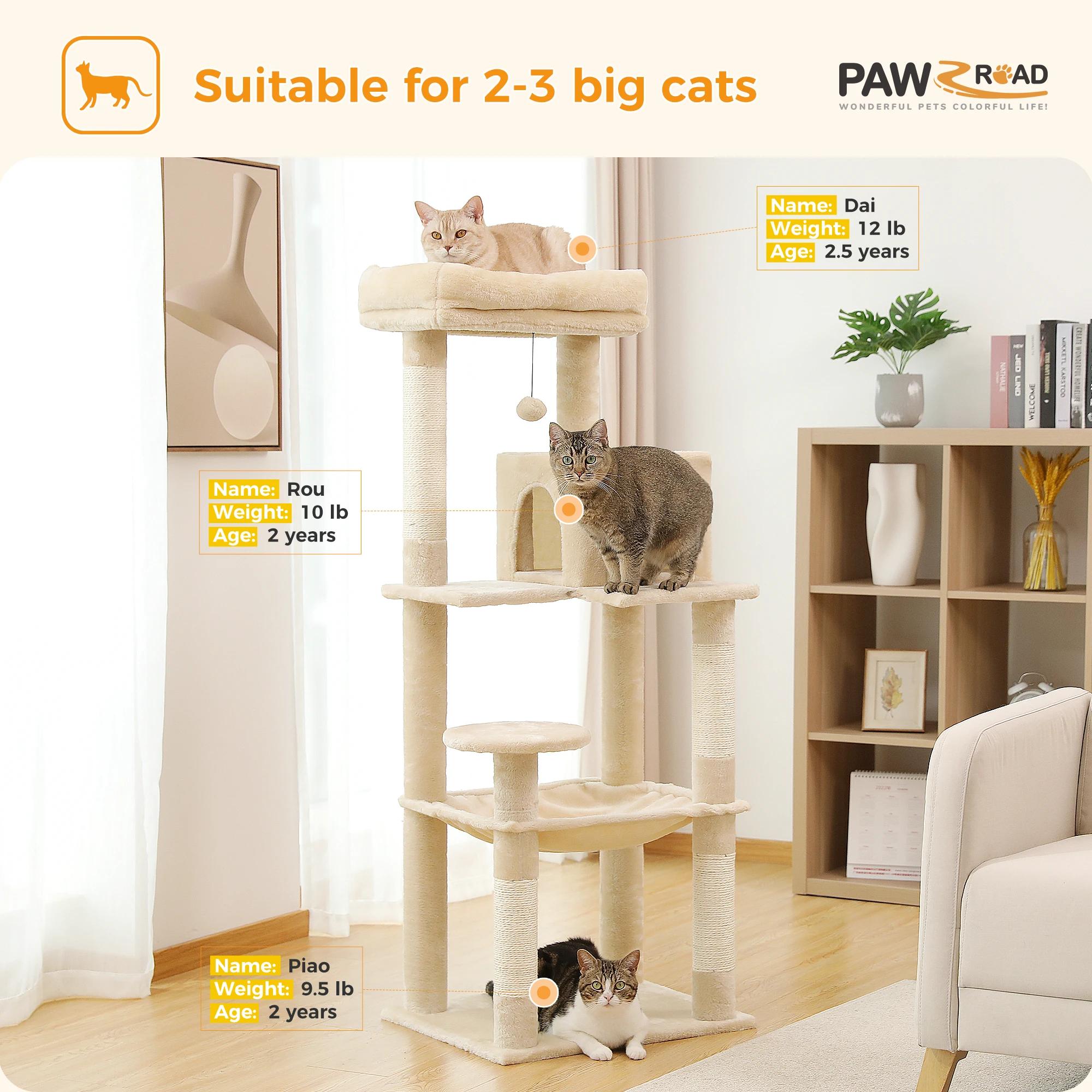 Arbre à chat pour chats d'intérieur, tour à chat à 5 niveaux pour grands chats avec grand hamac, pot