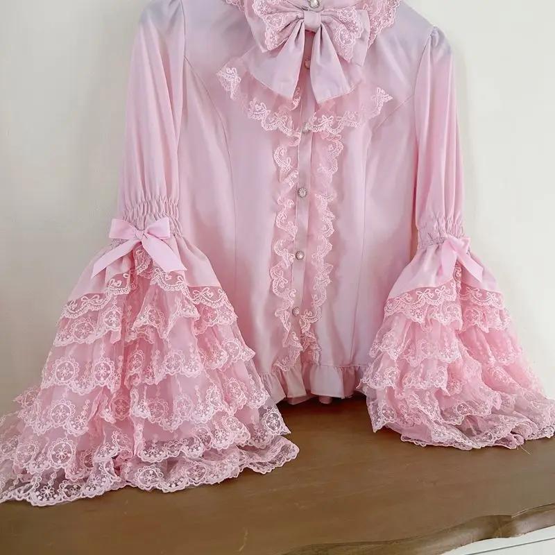 Chemise Lolita gothique et douce – Chemisier à volants à manches longues pour robes JSK, haut en den