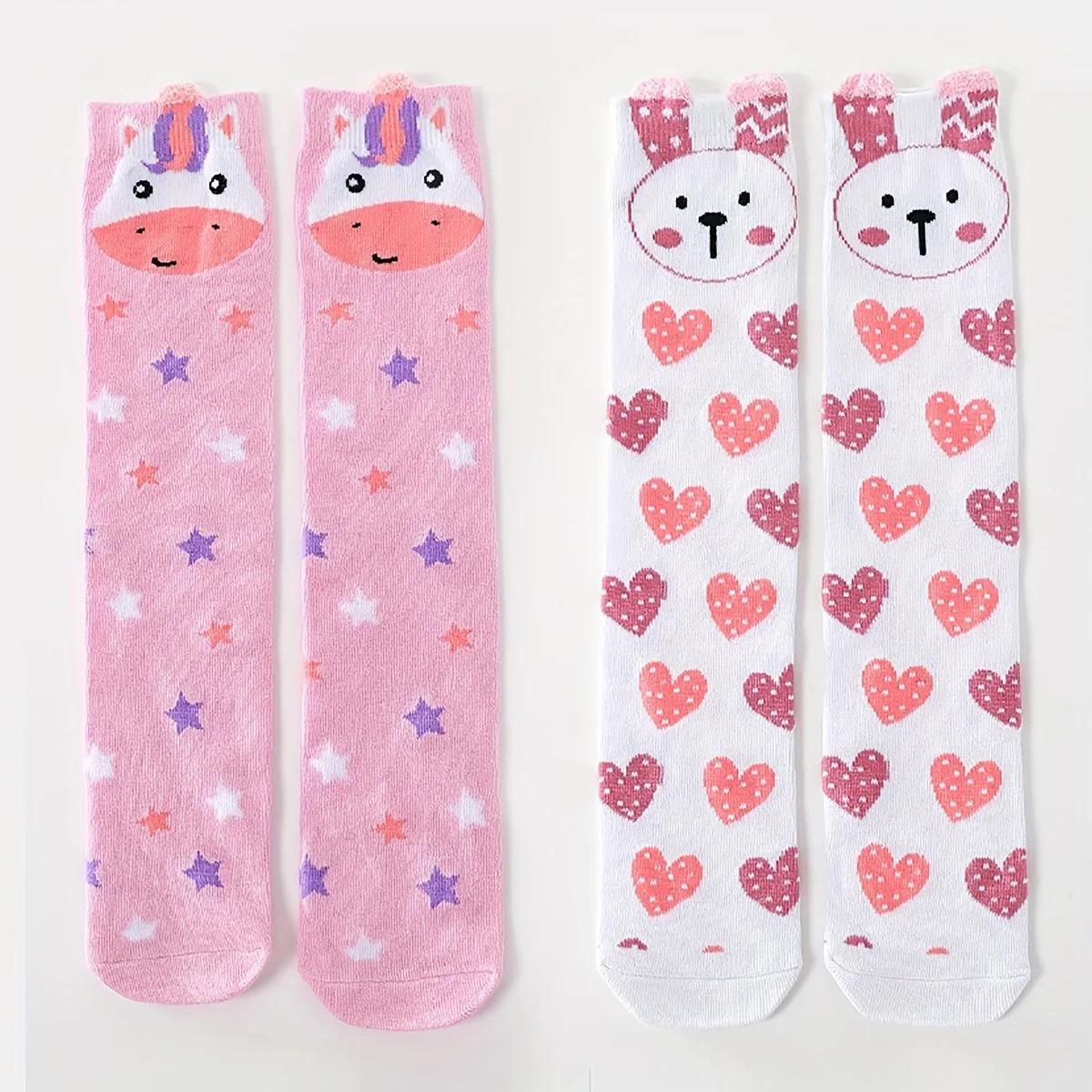 2 paires de chaussettes hautes en forme de cœur de lapin pour filles, chaussettes au-dessus du genou