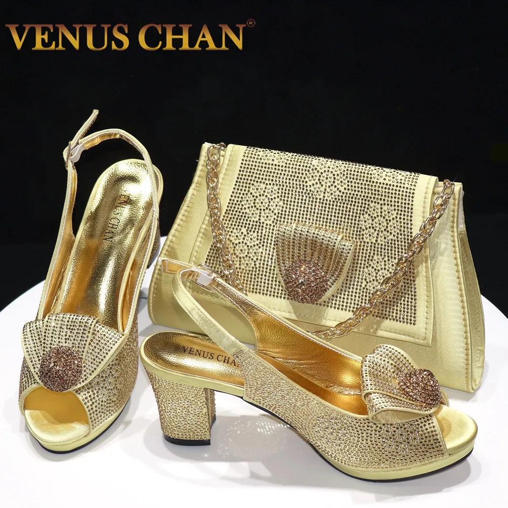 Venus Chan 2024 Design italien Style Girly couleur dorée chaussures et sac de mariage plein diamant 