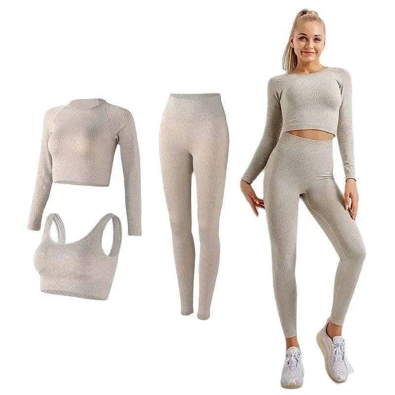 WAREBALL Ensemble de Vêtements de Yoga, Legging, Brassière et Haut à Manches longues, Sans Couture, 