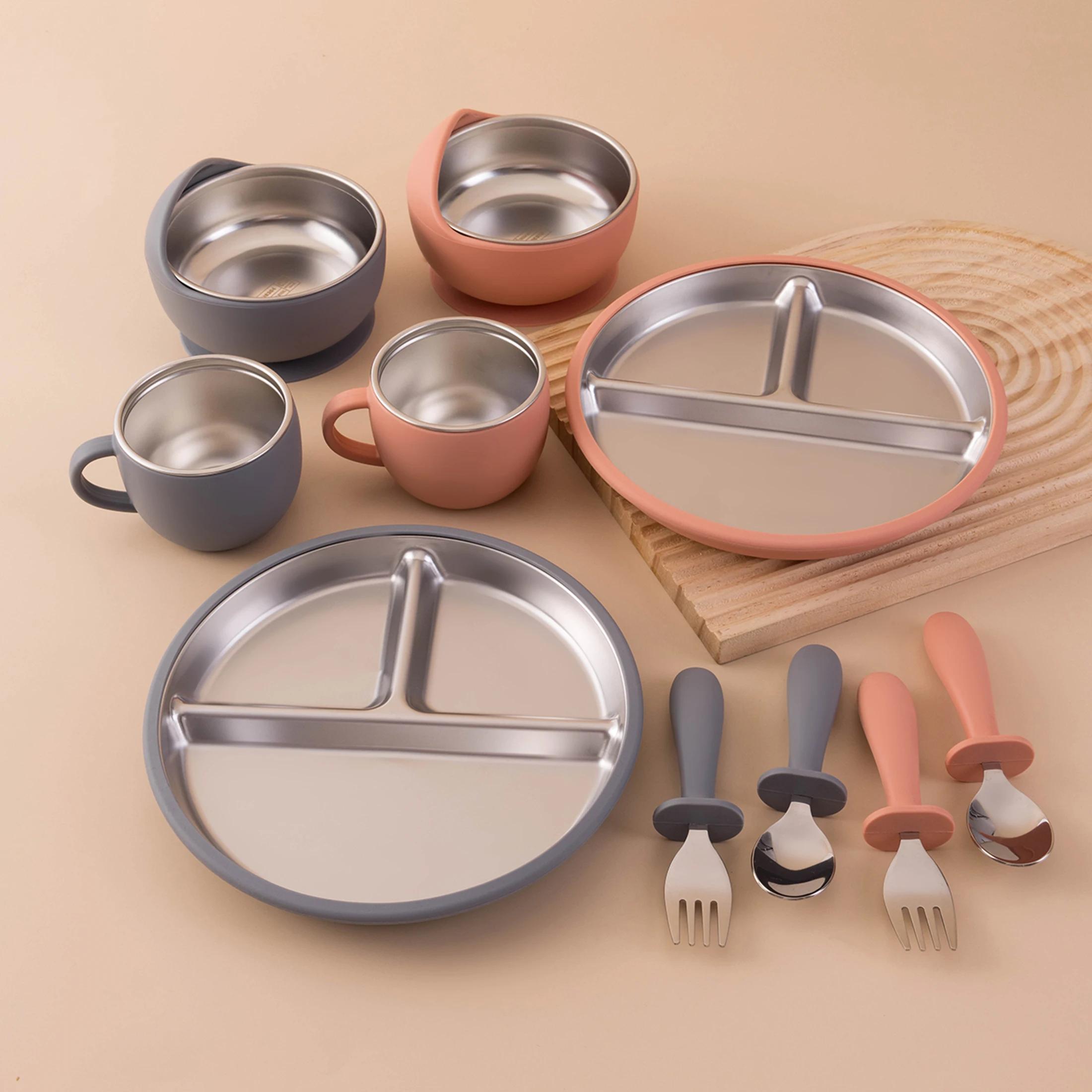 Couleur enfants 5 pièces ensemble d'alimentation pour bébé en acier inoxydable vaisselle en Silicone
