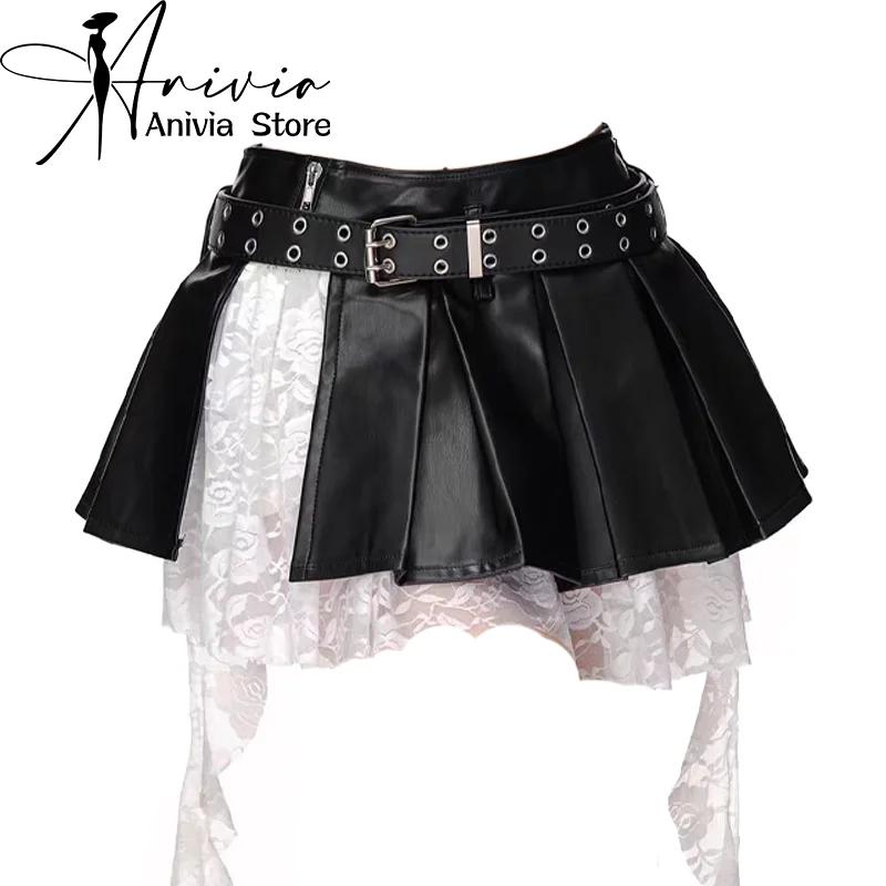 Femmes noir gothique épissé dentelle bord a-ligne Mini jupe Y2K Harajuku années 2000 Style académie 