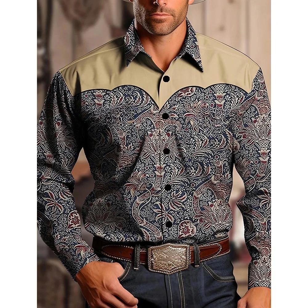 Chemise en jean occidentale Yellowstone pour hommes, motif patchwork bicolore, haut à boutons déroul