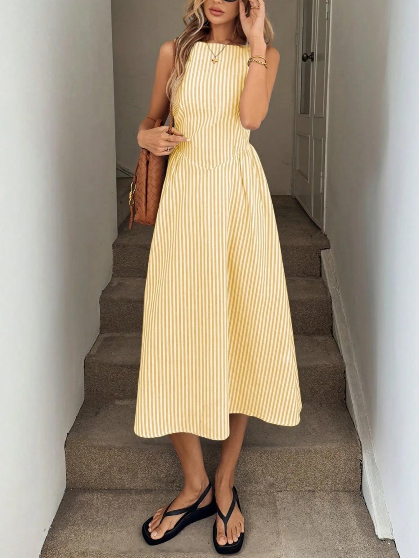 Robe d'été amincissante sans manches à rayures verticales, fraîche, tempérament élégant, nouvelle co