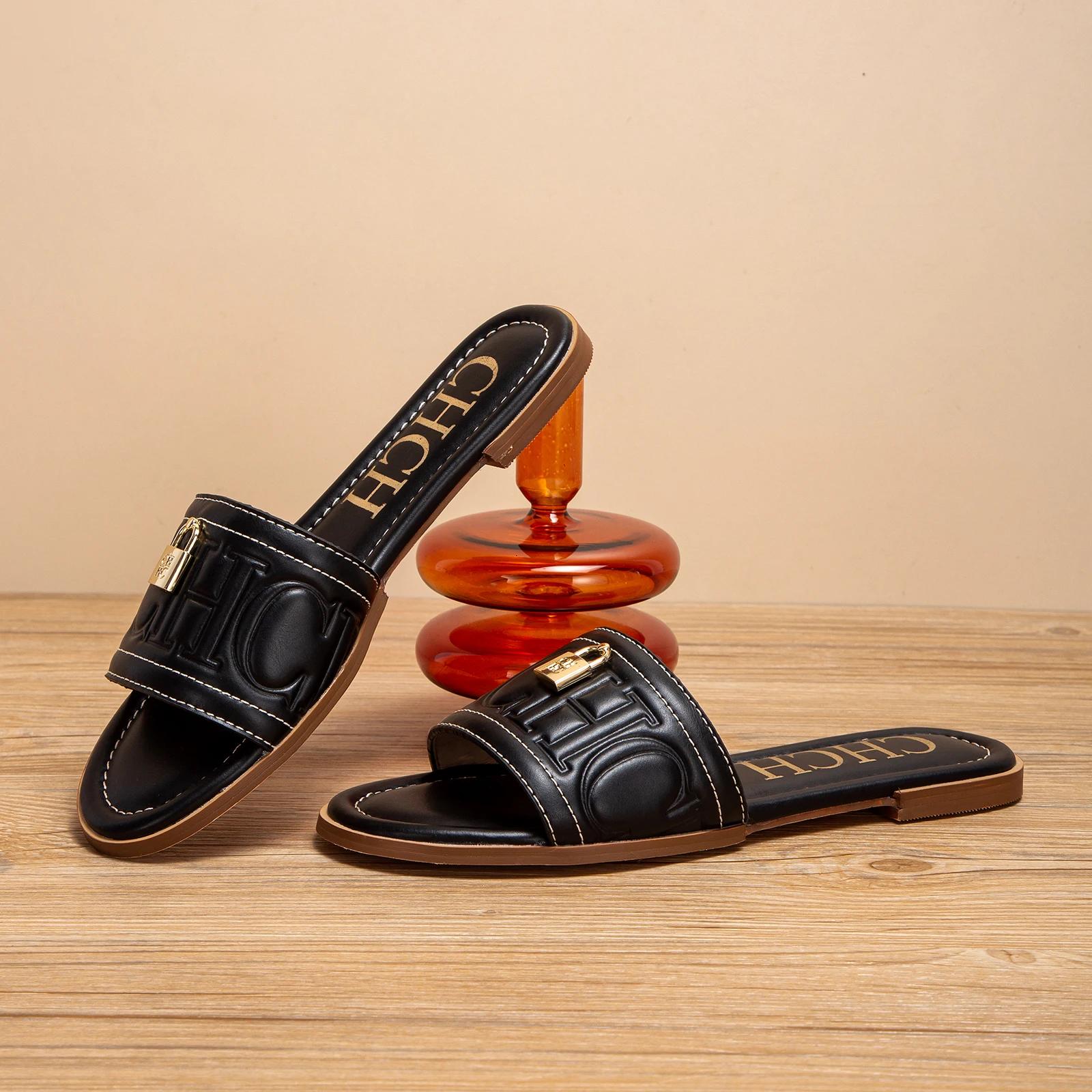 CHCH chaussures plates pour femmes été nouvelles sandales en relief de couleur unie pantoufles de mo